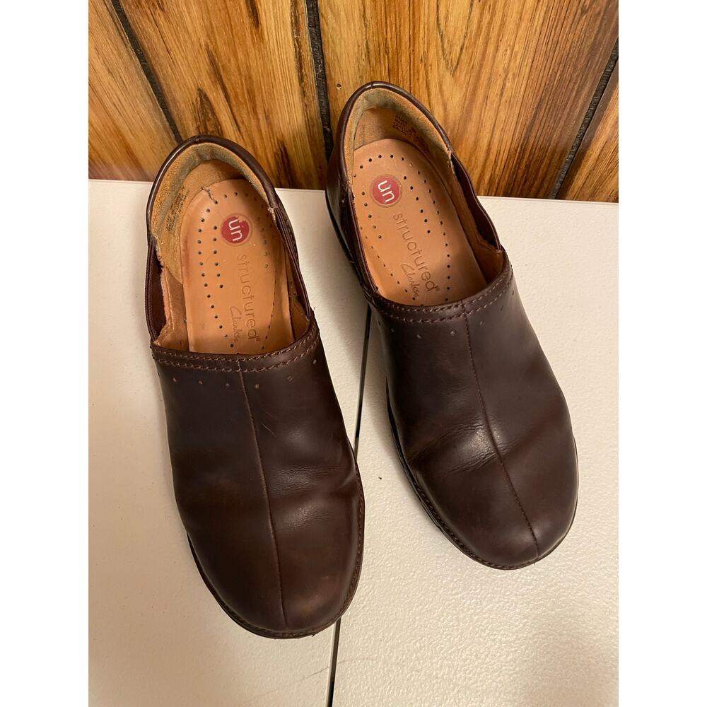 Clarks slip on soft leather brown size 5‎ chunky heel un structured women’s